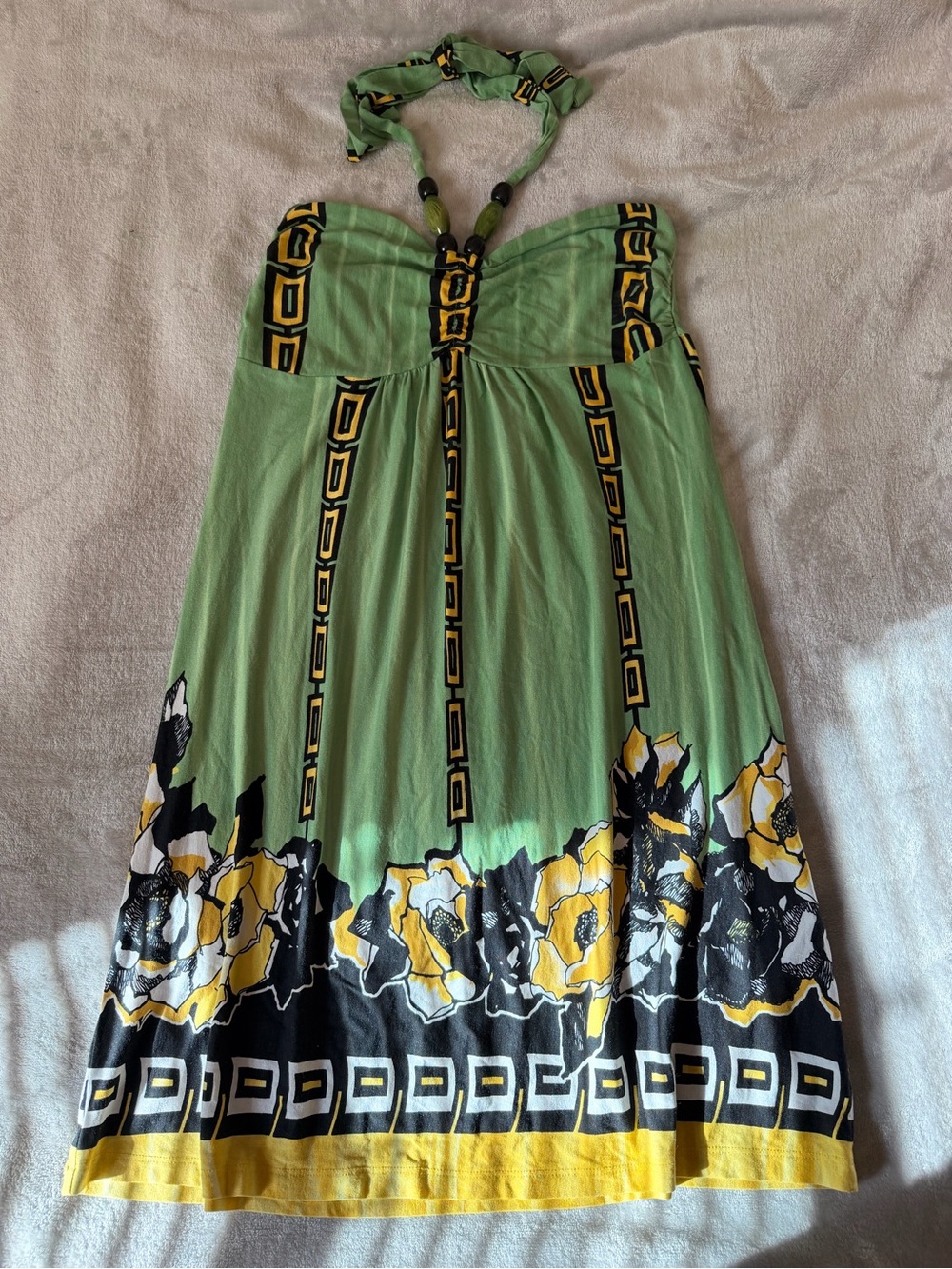 VENUS Mint Green Halter Dress with Yellow & Black Floral Trim